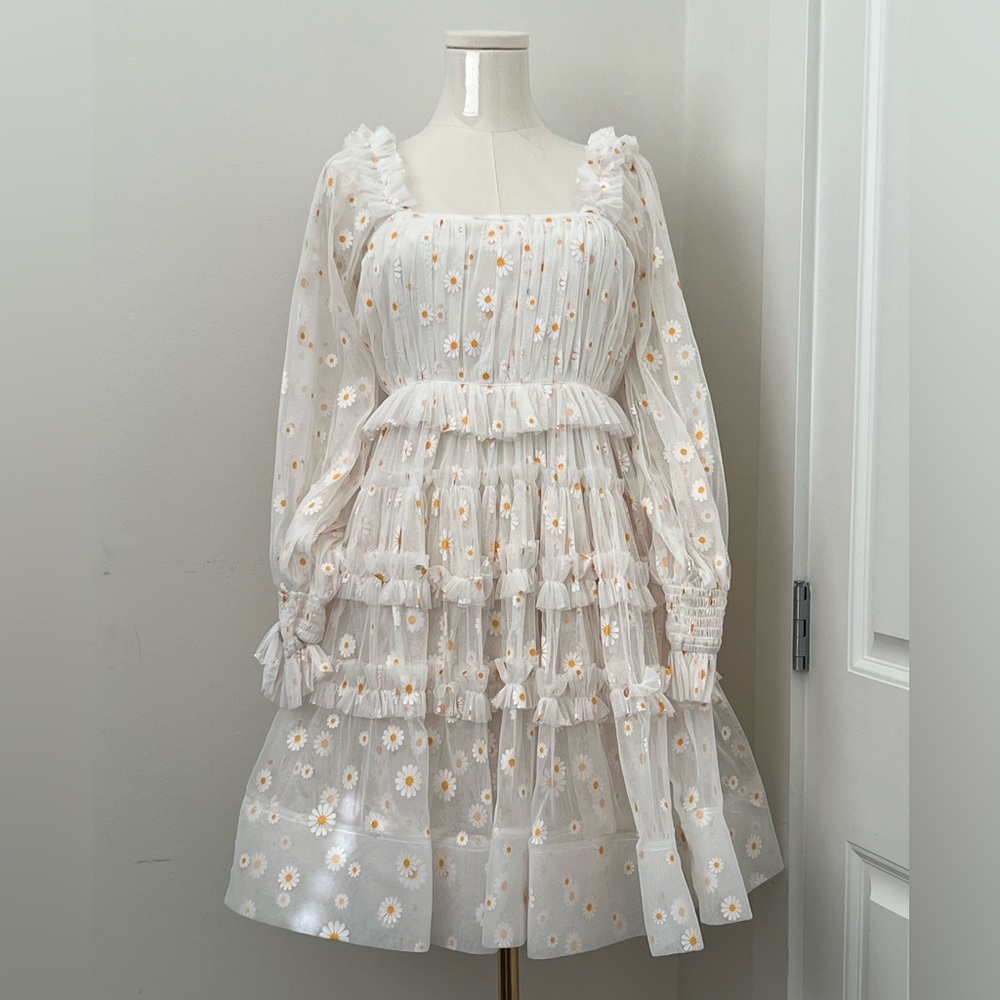 Lace & Beads long sleeve tulle smock mini dress in white daisy